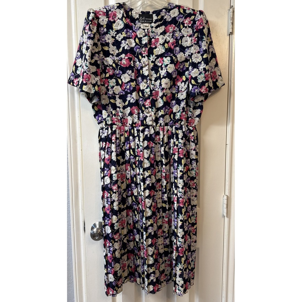 Vtg. BRELI ORIGINALS Silky Button Down Floral Pleated Dress Women's Size 14‎